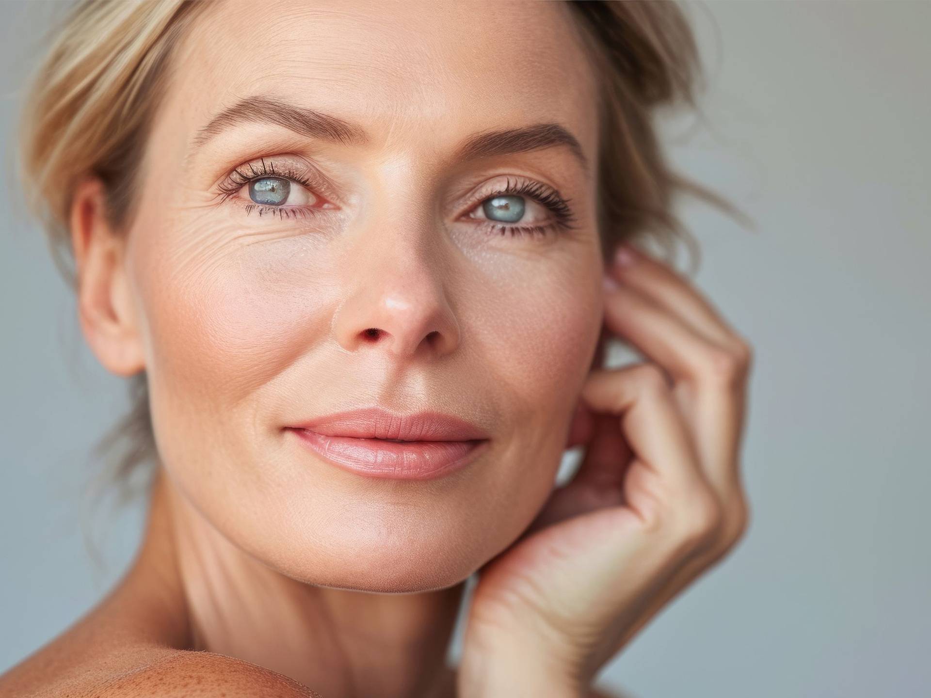 Frau mit kurzen blonden Haaren berührt ihr Gesicht mit der rechten Hand