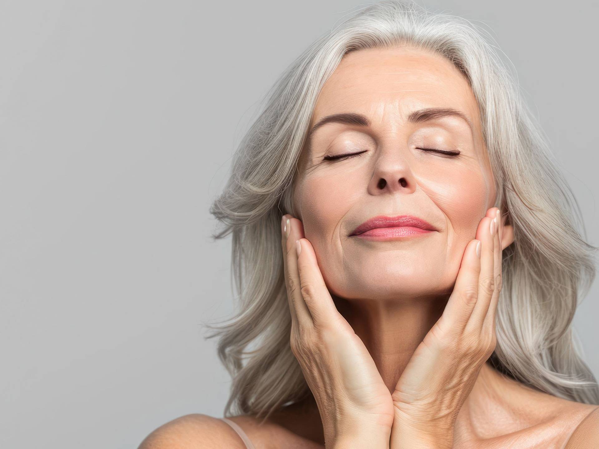 Frau mit schulterlangem, welligem, grauem Haar, die ihr Gesicht mit beiden Händen umfasst, trägt ein ärmelloses, beiges Oberteil