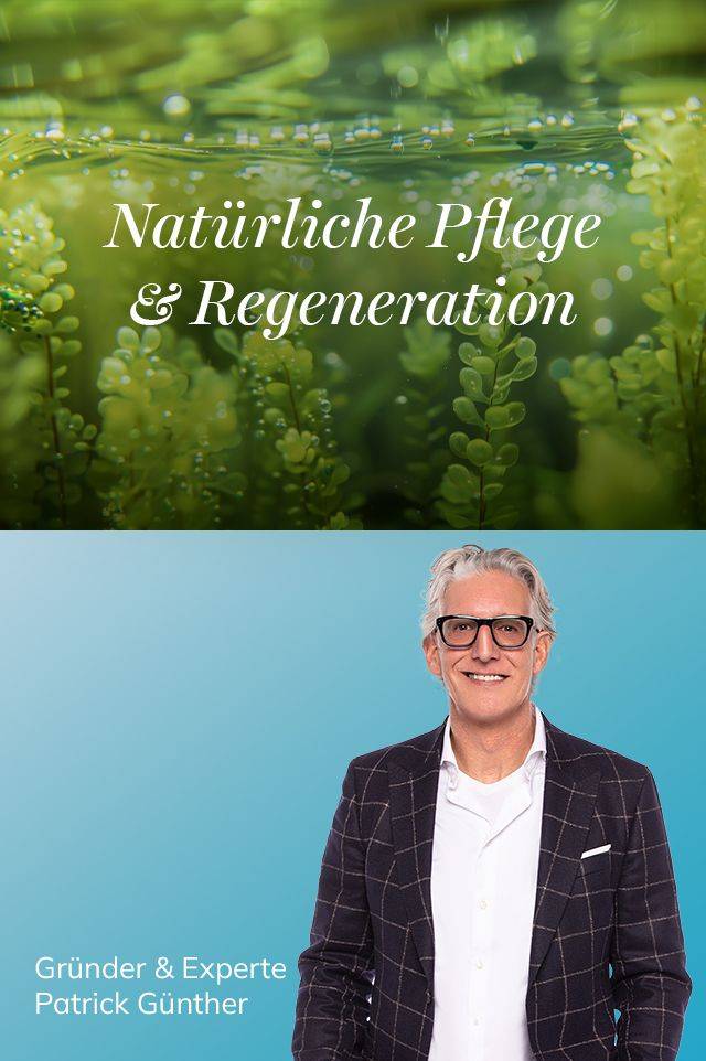 Grüner Farn mit dem Text 'Natürliche Pflege & Regeneration' neben einem Mann in kariertem Sakko vor blauem Hintergrund mit dem Text 'Gründer & Experte Patrick Günther'