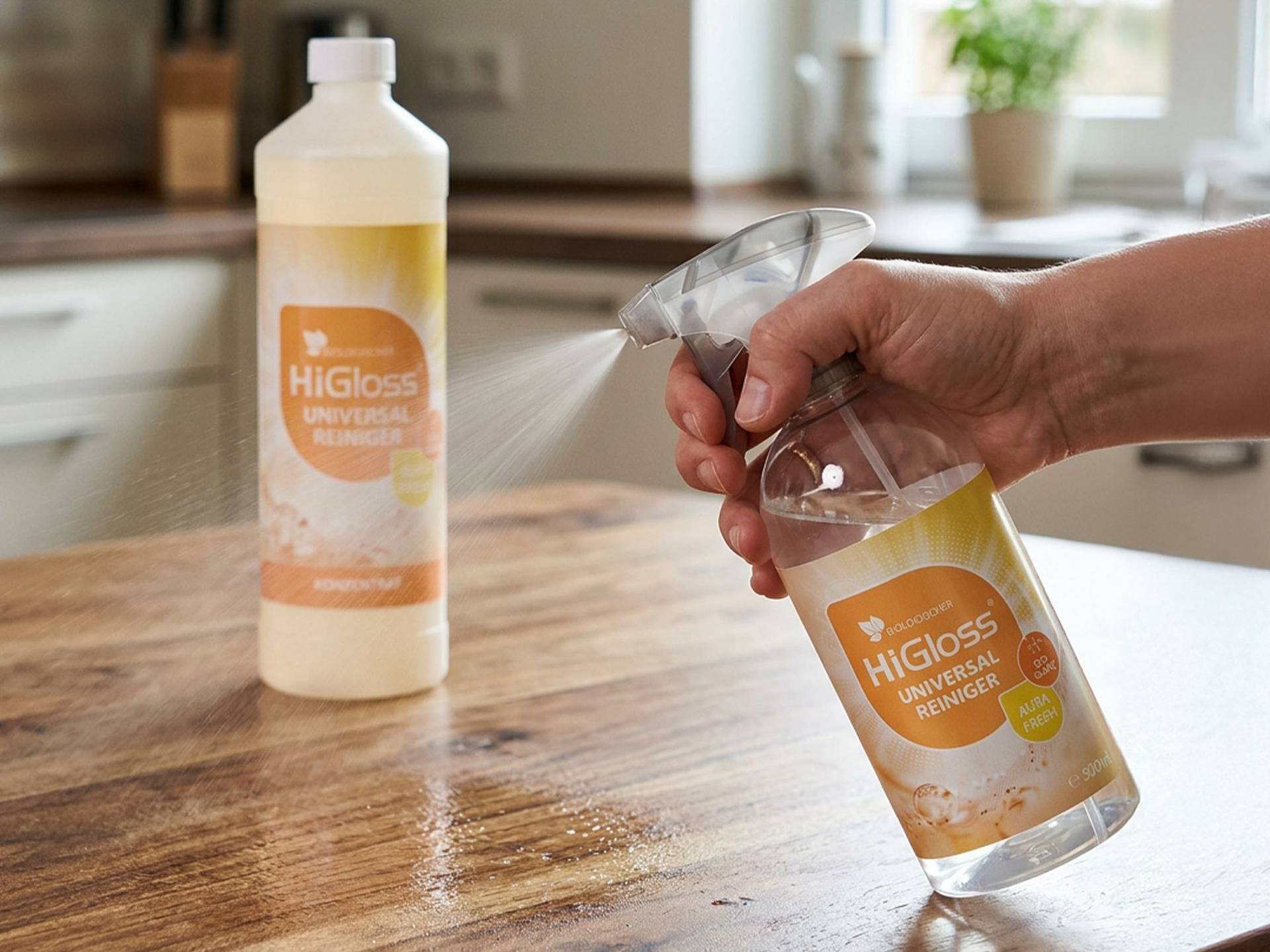 Hand hält eine Sprühflasche mit HiGloss Universal Reiniger auf einer Küchenarbeitsplatte mit einer weiteren Flasche im Hintergrund