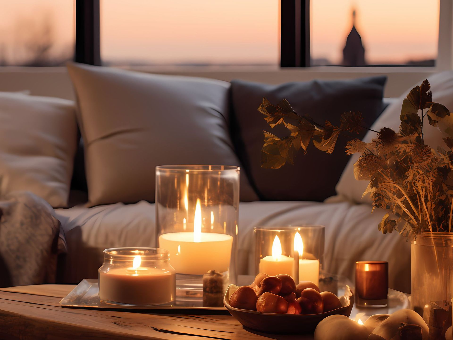 Gemütliche Wohnaccessoires dekoriert auf einem Wohnzimmertisch