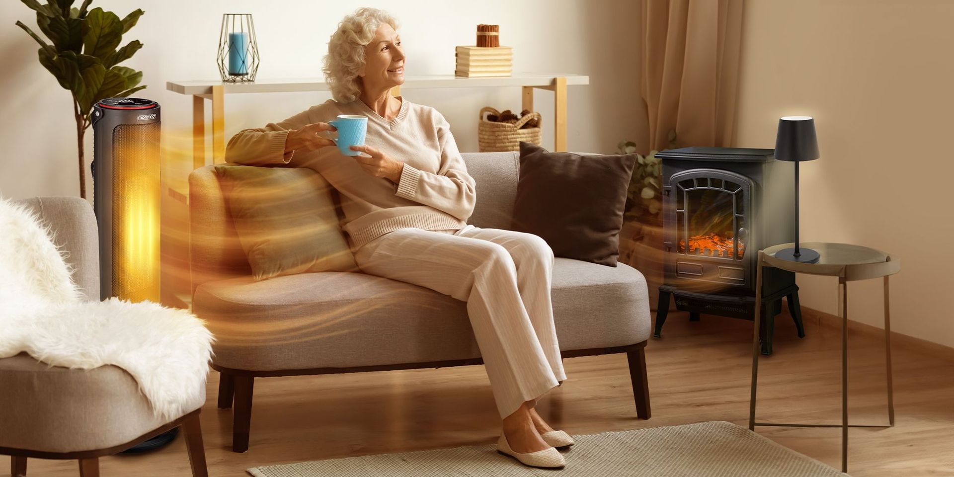 Eine Frau sitzt in einem Klimatisierten Raum gemütlich auf einer Couch