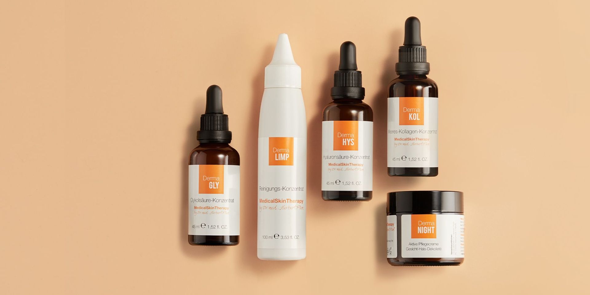 Ausgewählte Produkte von MedicalSkin auf orangenem Hintergrund.