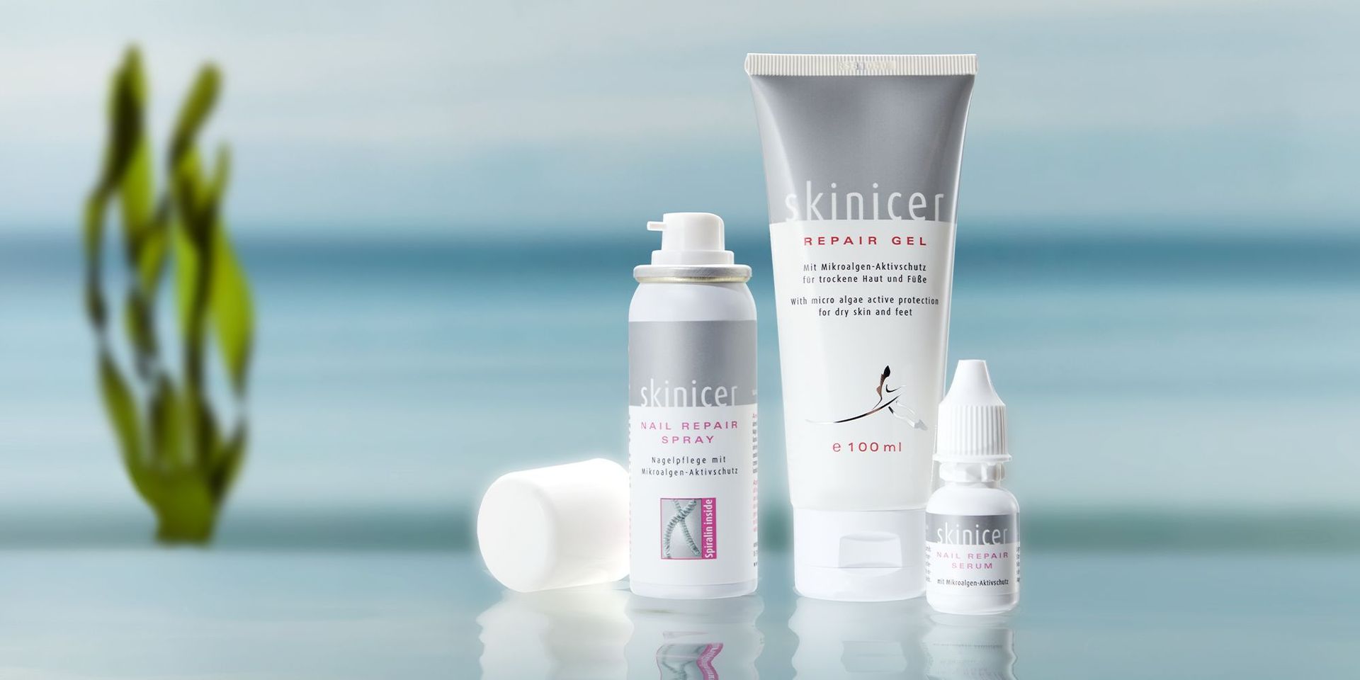 Ausgewählte Produkte von Oceanpharma vor einem blauen unscharfen Hintergrund.