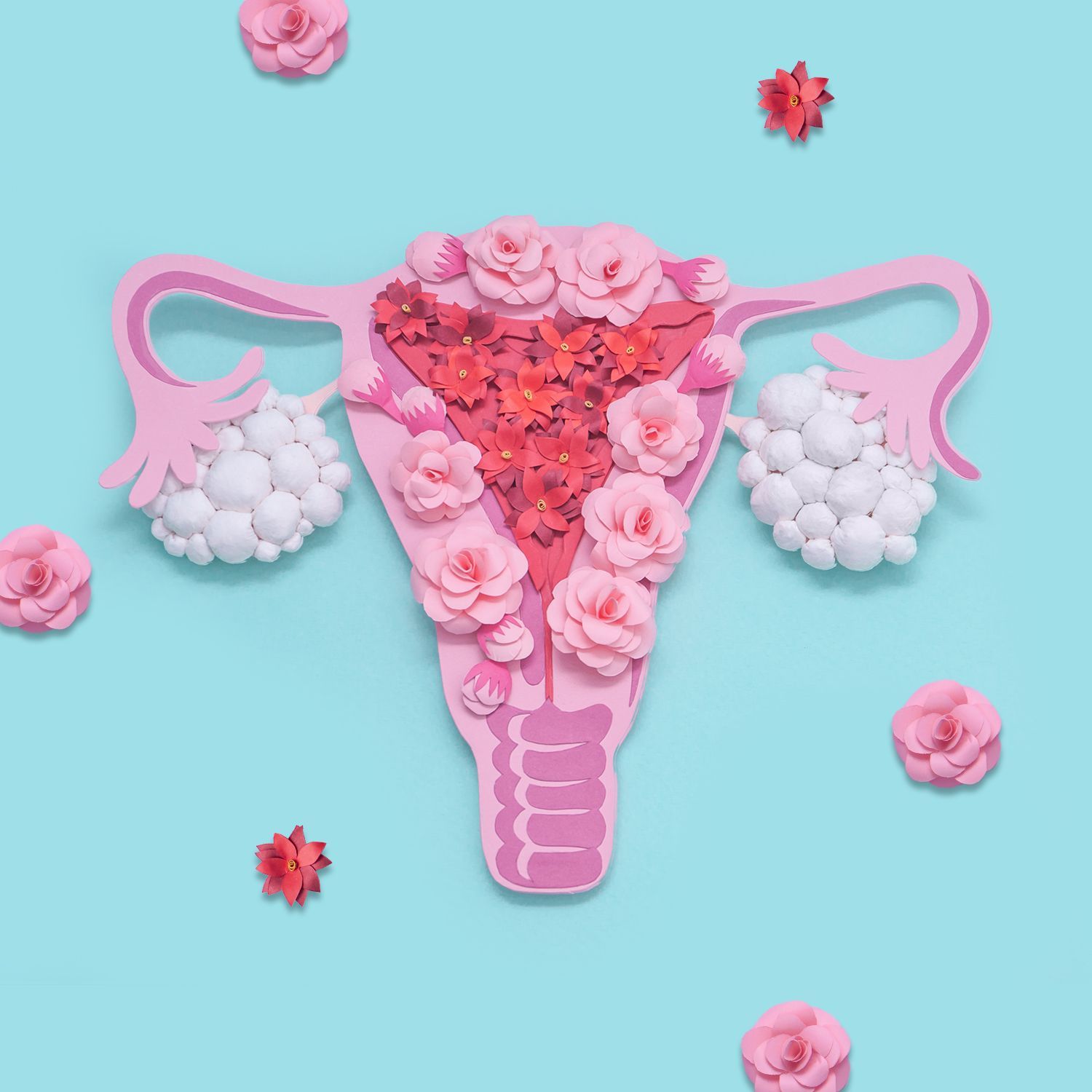 Eine Gebärmutter aus Blumen auf türkisem Hintergrund.