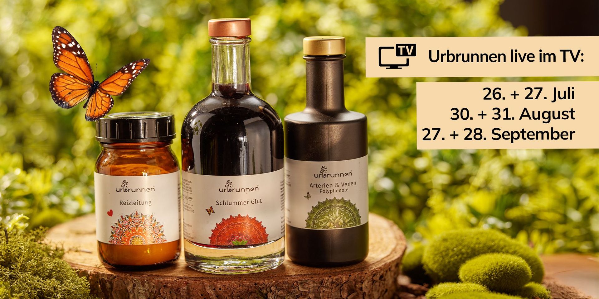 Drei Urbrunnen Produkte auf einer Holzscheibe vor einem grünen Hintergrund