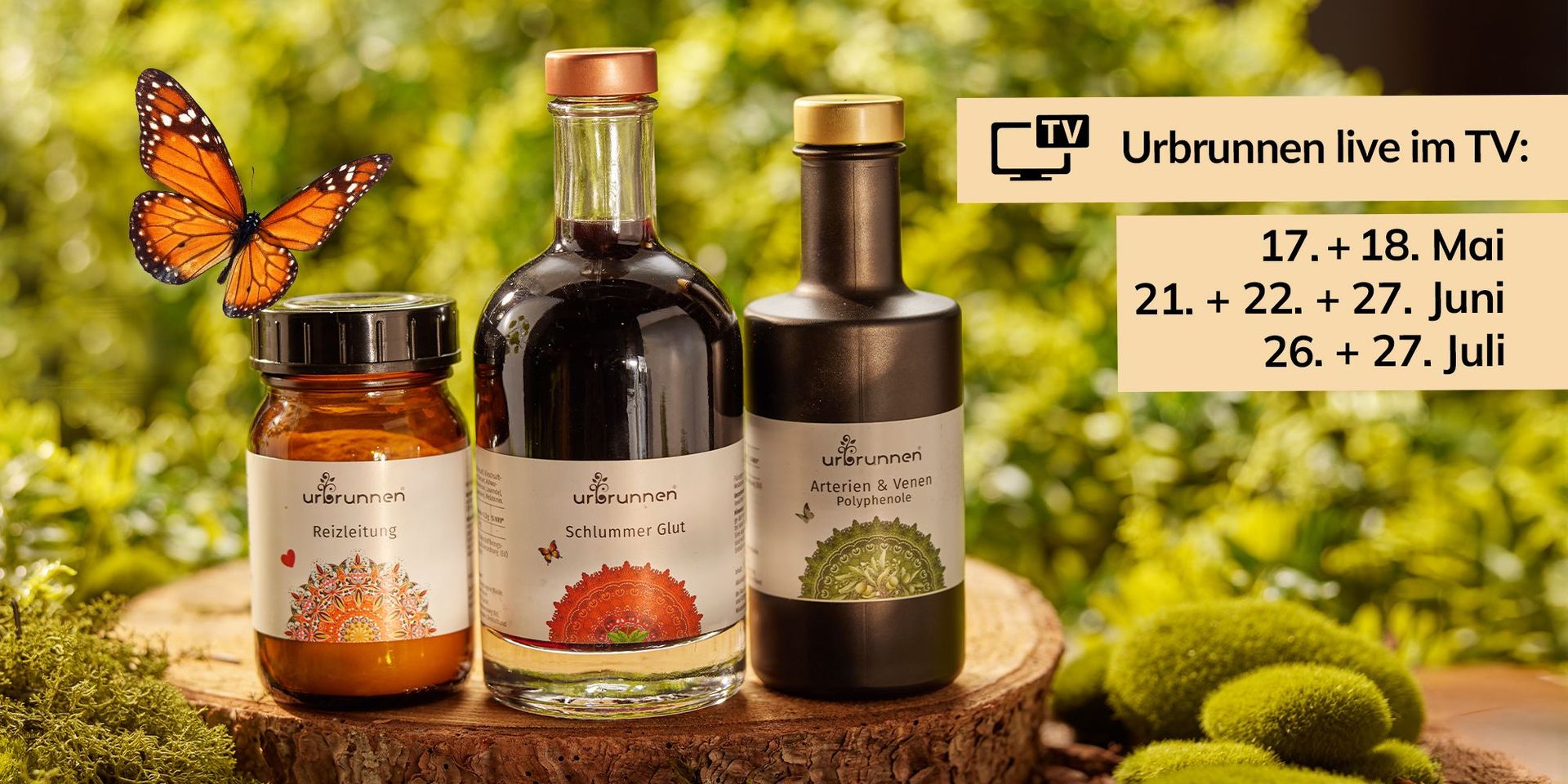 Drei Urbrunnen Produkte auf einer Holzscheibe vor einem grünen Hintergrund