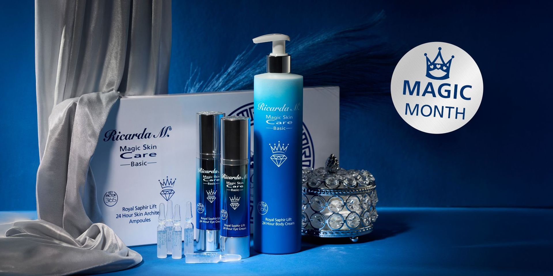 Ricarda M. Magic Skin Care Basic mit Royal Saphir Lift Ampullen, Augencreme und Body Cream in blauen Verpackungen auf blauem Hintergrund