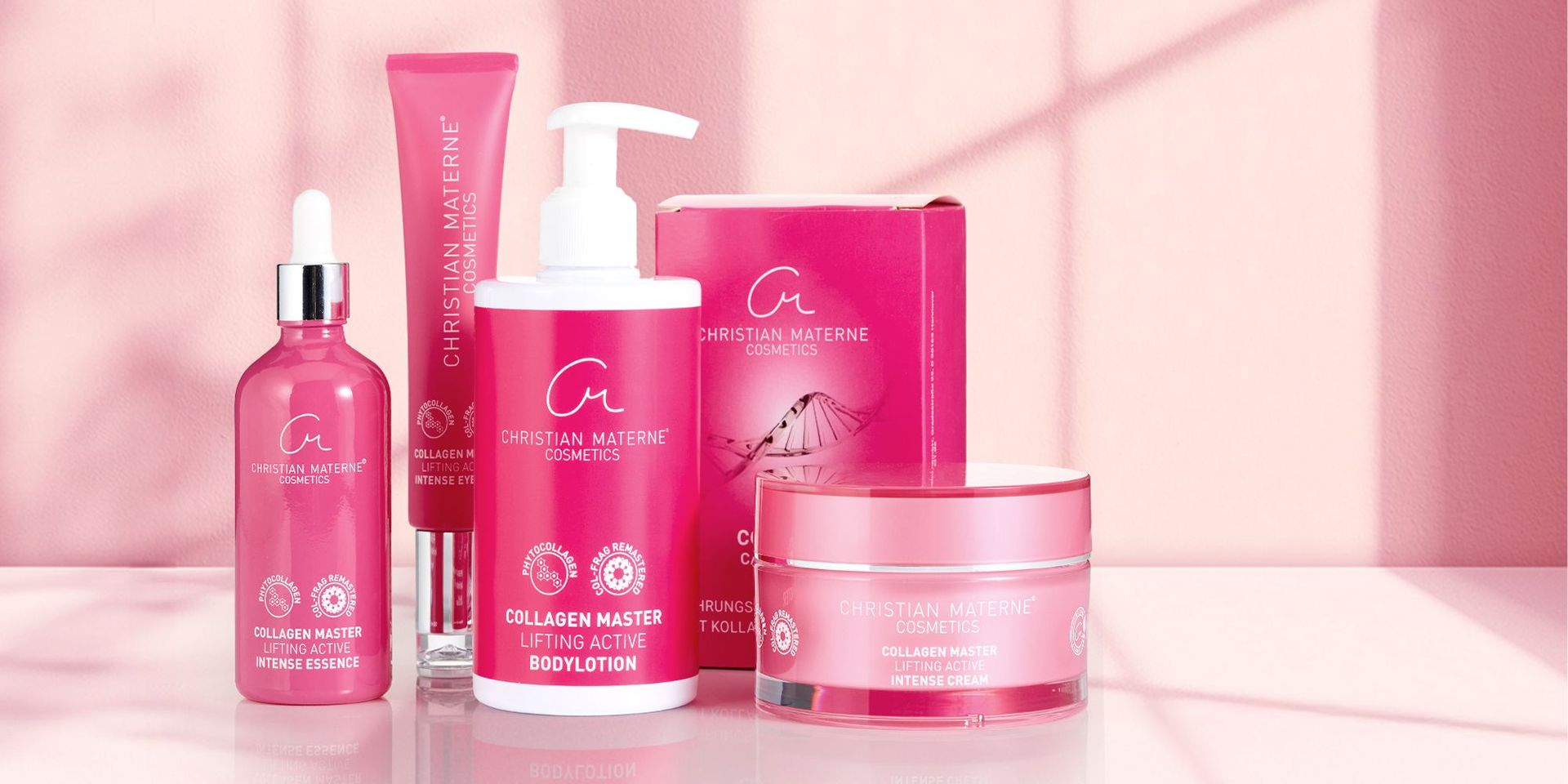 Christian Materne Cosmetics Collagen Master Lifting Active Pflegeserie mit Intensiv-Essenz, Augencreme, Bodylotion und Intensiv-Creme in pinken Verpackungen