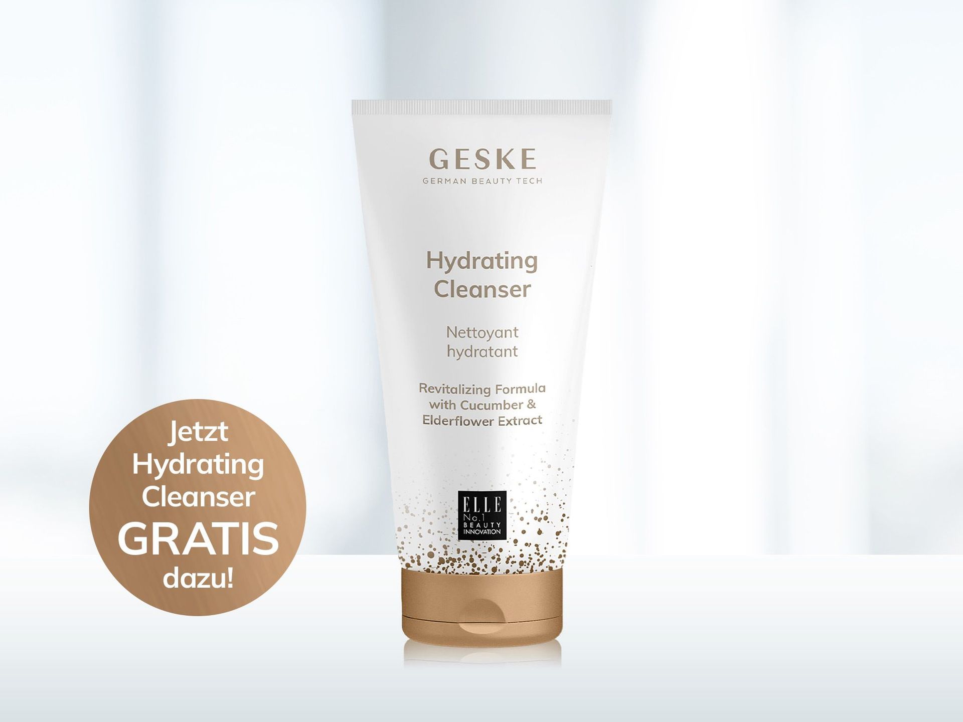 Geske Hydrating Cleanser in einer weißen Tube mit goldenen Akzenten. Links ein runder Aufkleber mit dem Text: 'Jetzt Hydrating Cleanser GRATIS dazu!'
