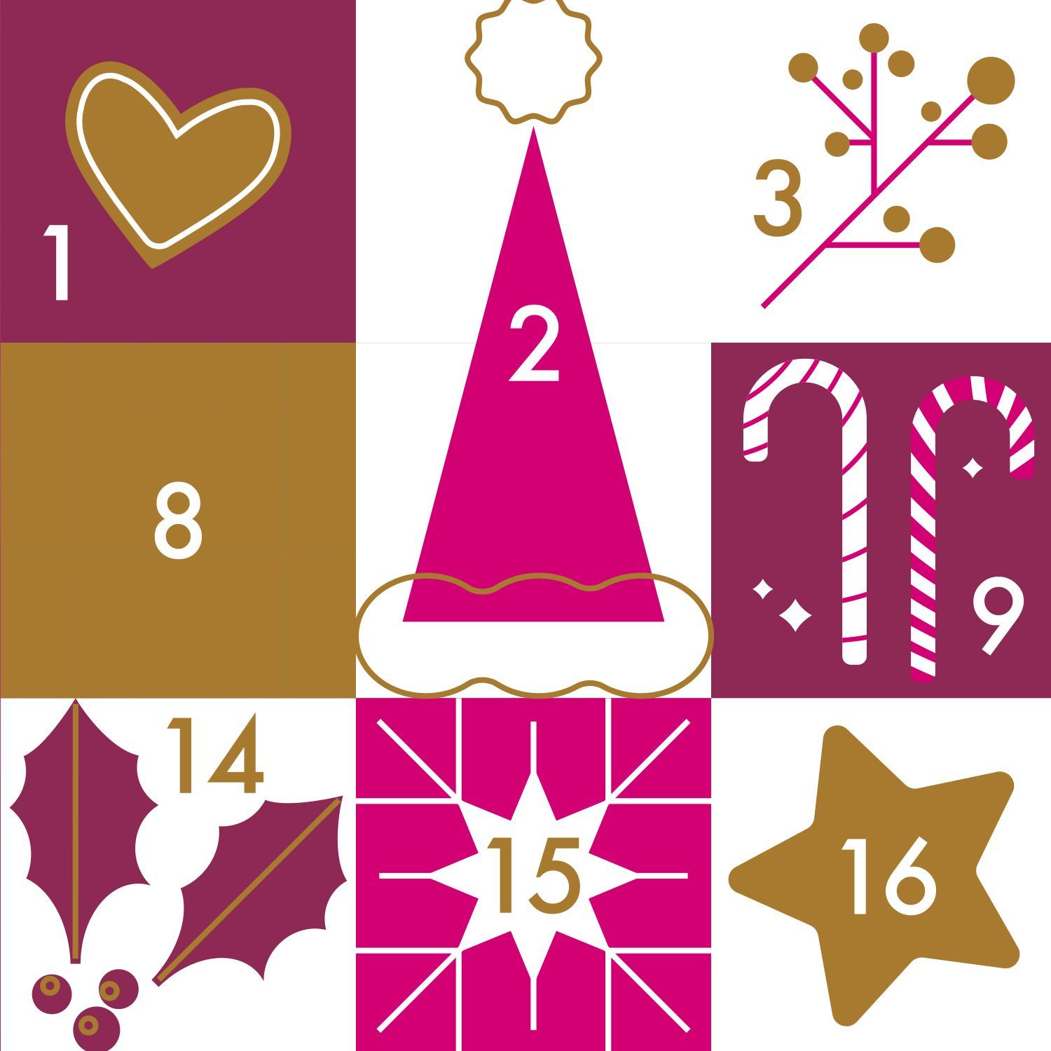 Grafik mit Adventskalenderzahlen 1, 2, 8, 14 und 15 in farbigen Quadraten, darunter Herz, Weihnachtsmütze, Stechpalmenblatt und Stern.