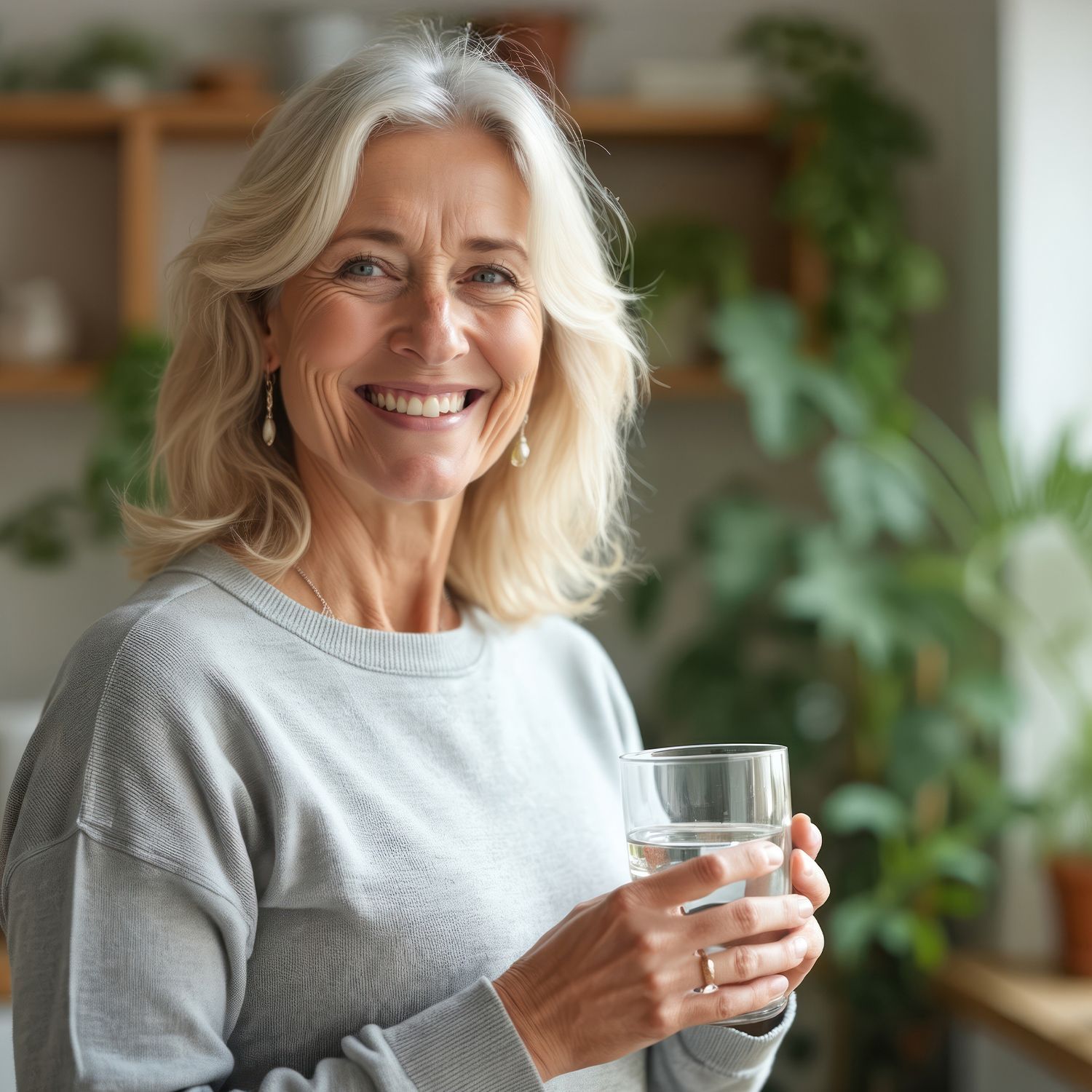 Lächelnde Frau mit schulterlangem, grauem Haar hält ein Glas Wasser in beiden Händen, im Hintergrund Zimmerpflanzen.