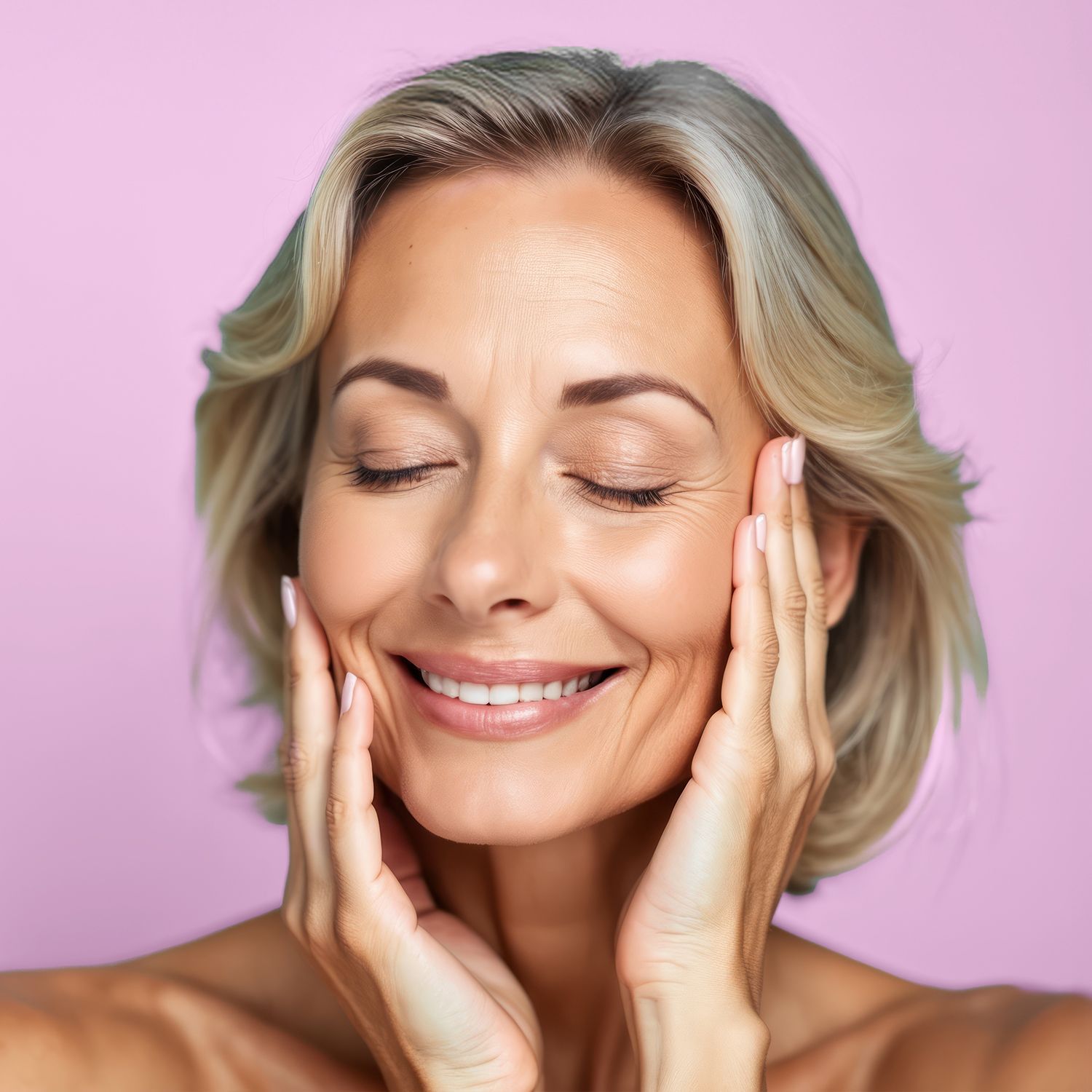 Frau mit schulterlangem, gewelltem, blondem Haar vor rosa Hintergrund, die Hände an die Wangen legt.