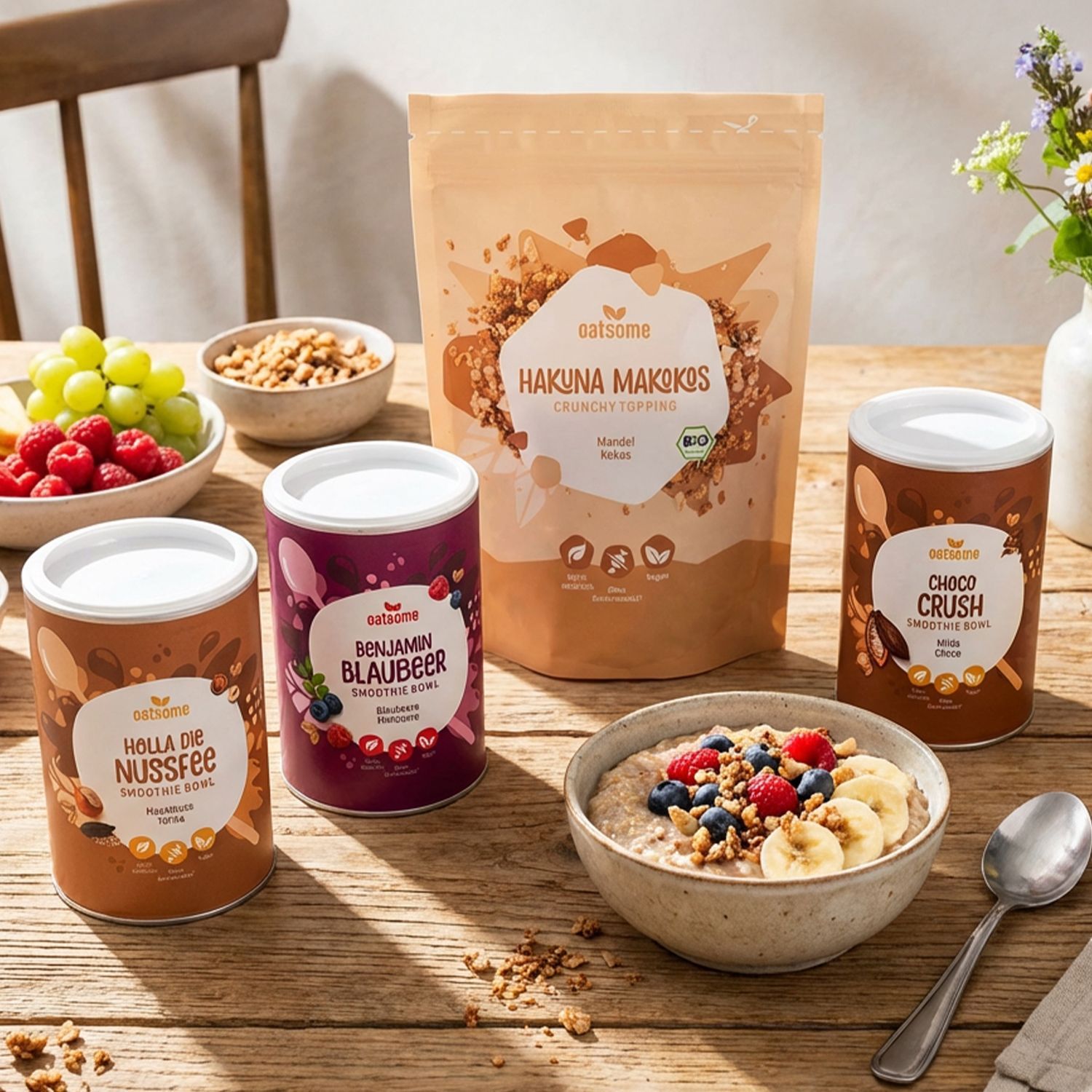 Schüssel mit Smoothie-Bowl, garniert mit Bananenscheiben, Beeren und Nüssen, umgeben von vier Packungen Toppings, Schalen mit Obst und Nüssen sowie einem Glas Saft auf Holztisch.