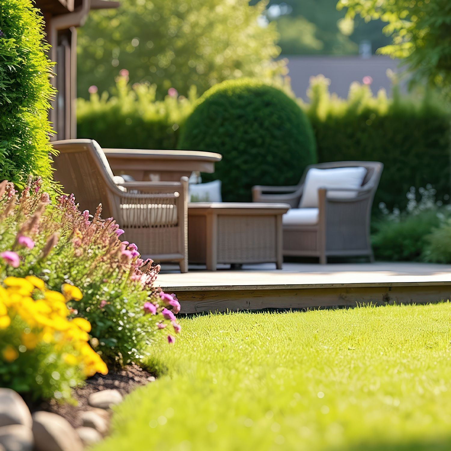 Garten mit Rasen, Blumenbeet und Sitzgruppe aus Korbmöbeln auf Holzterrasse