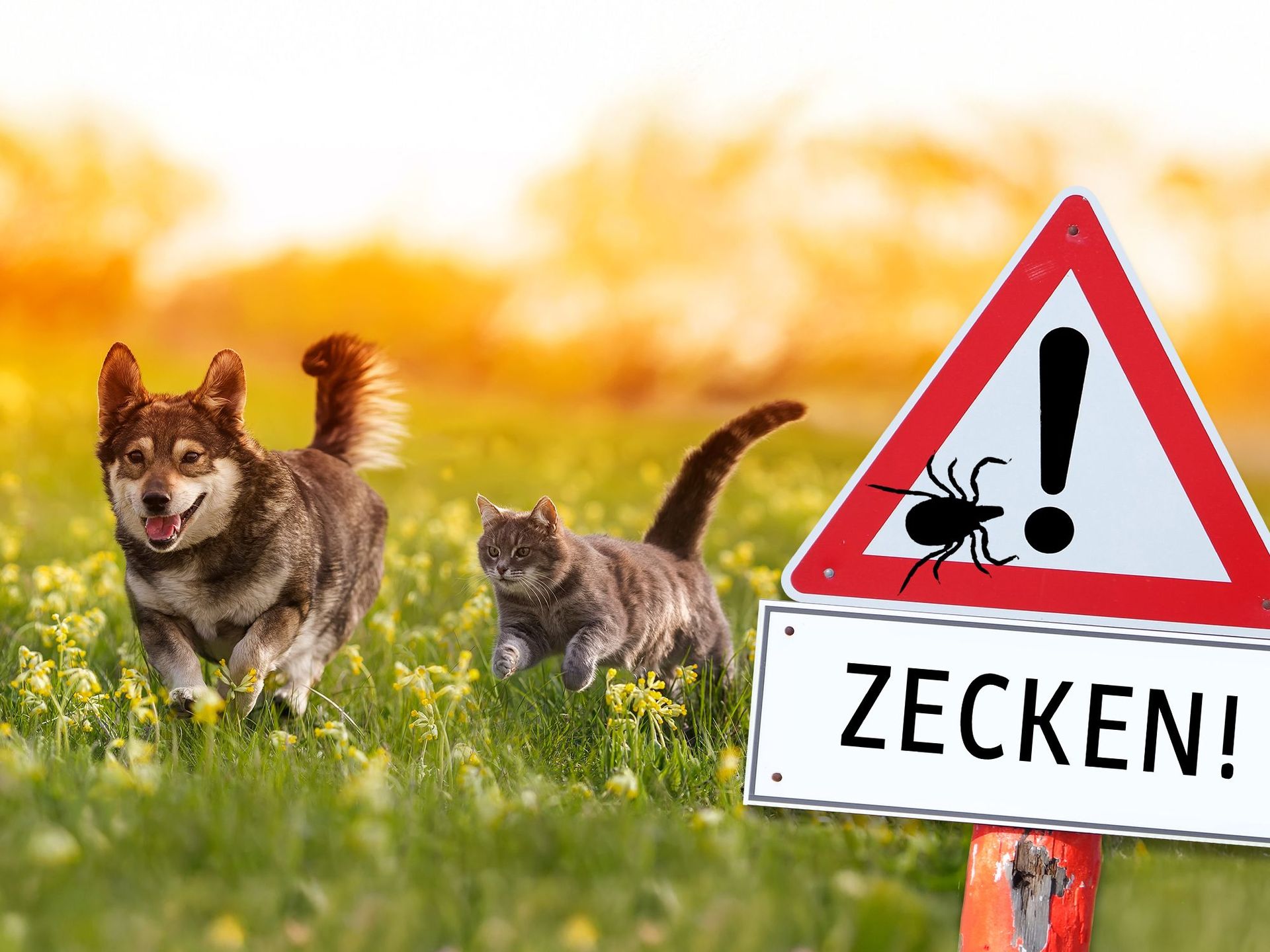 Zeckenzeit – Schutz für Hunde und Katzen Hund und Katze laufen auf einer Wiese mit gelben Blumen neben einem Warnschild mit Zeckensymbol und dem Text 'ZECKEN!'