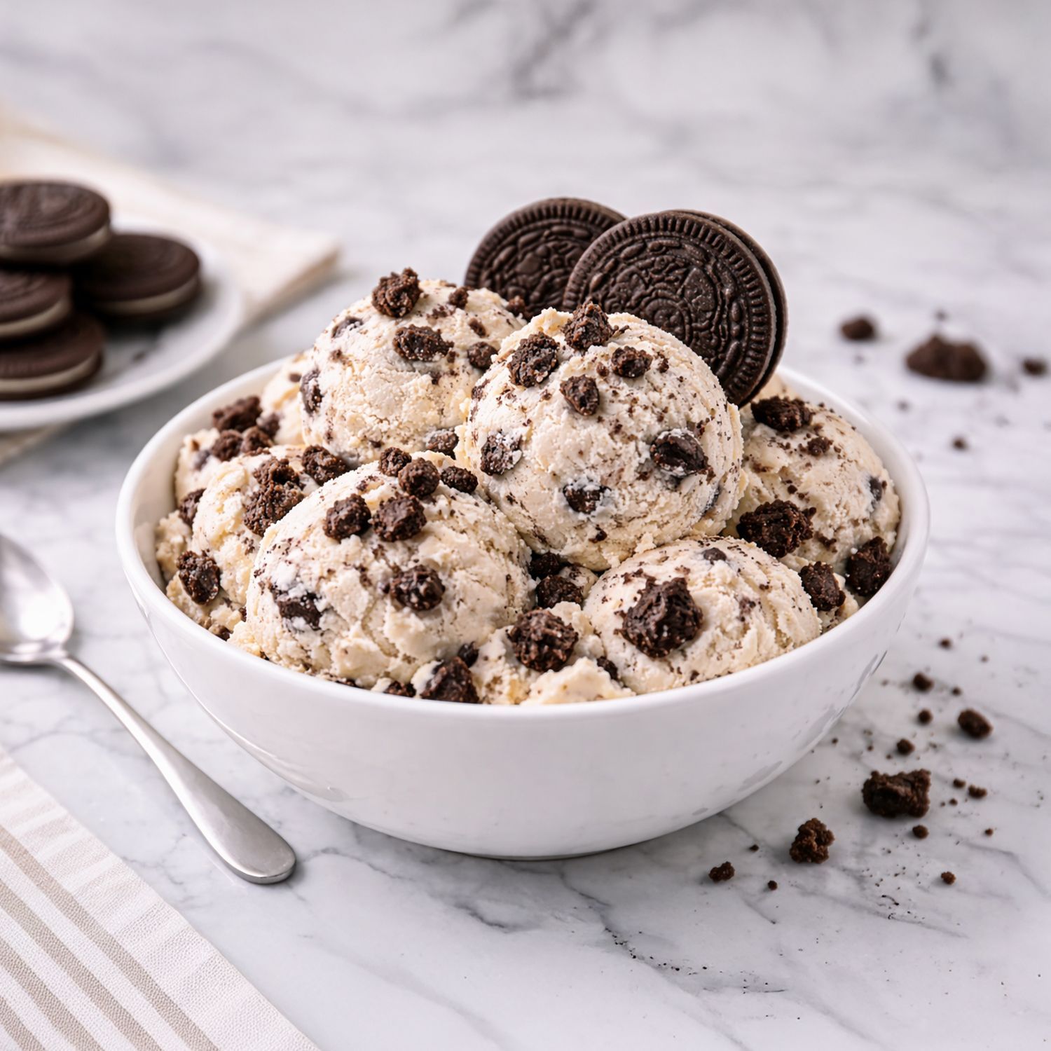 Schale mit mehreren Kugeln Eis mit Keksstückchen und einem ganzen Keks als Dekoration daneben ein Löffel und ein Teller mit mehreren Keksen