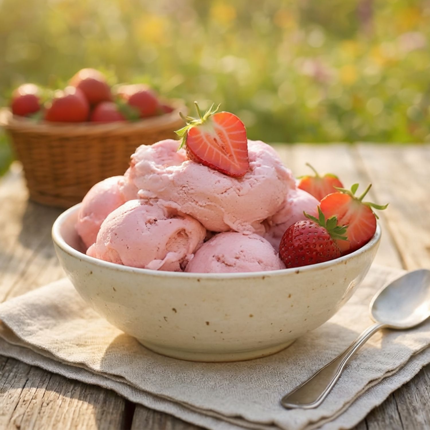 Schale mit mehreren Kugeln Erdbeereis, garniert mit halbierten und ganzen Erdbeeren, auf einem Leinentuch auf Holztisch