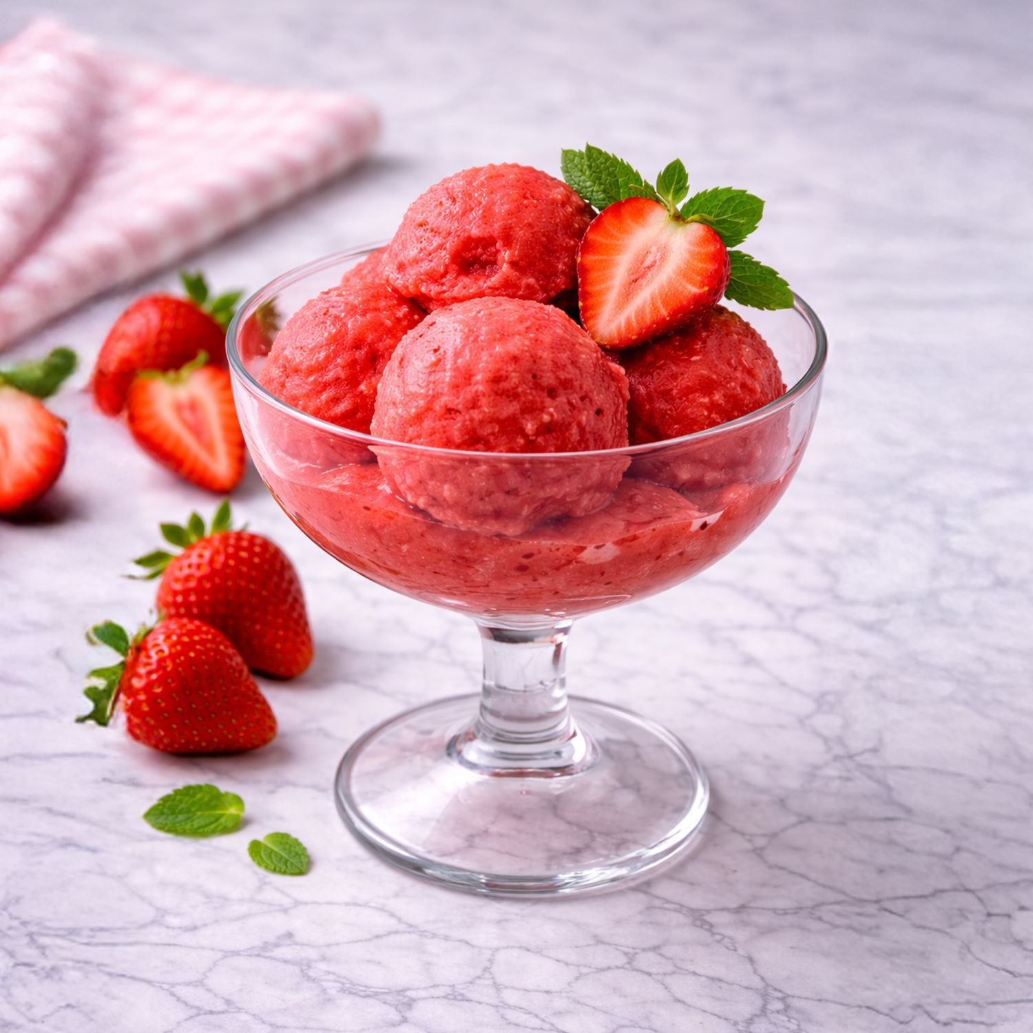 Glas mit mehreren Kugeln Erdbeersorbet, garniert mit einer halbierten Erdbeere und Minzblättern, umgeben von ganzen und halbierten Erdbeeren auf marmoriertem Untergrund