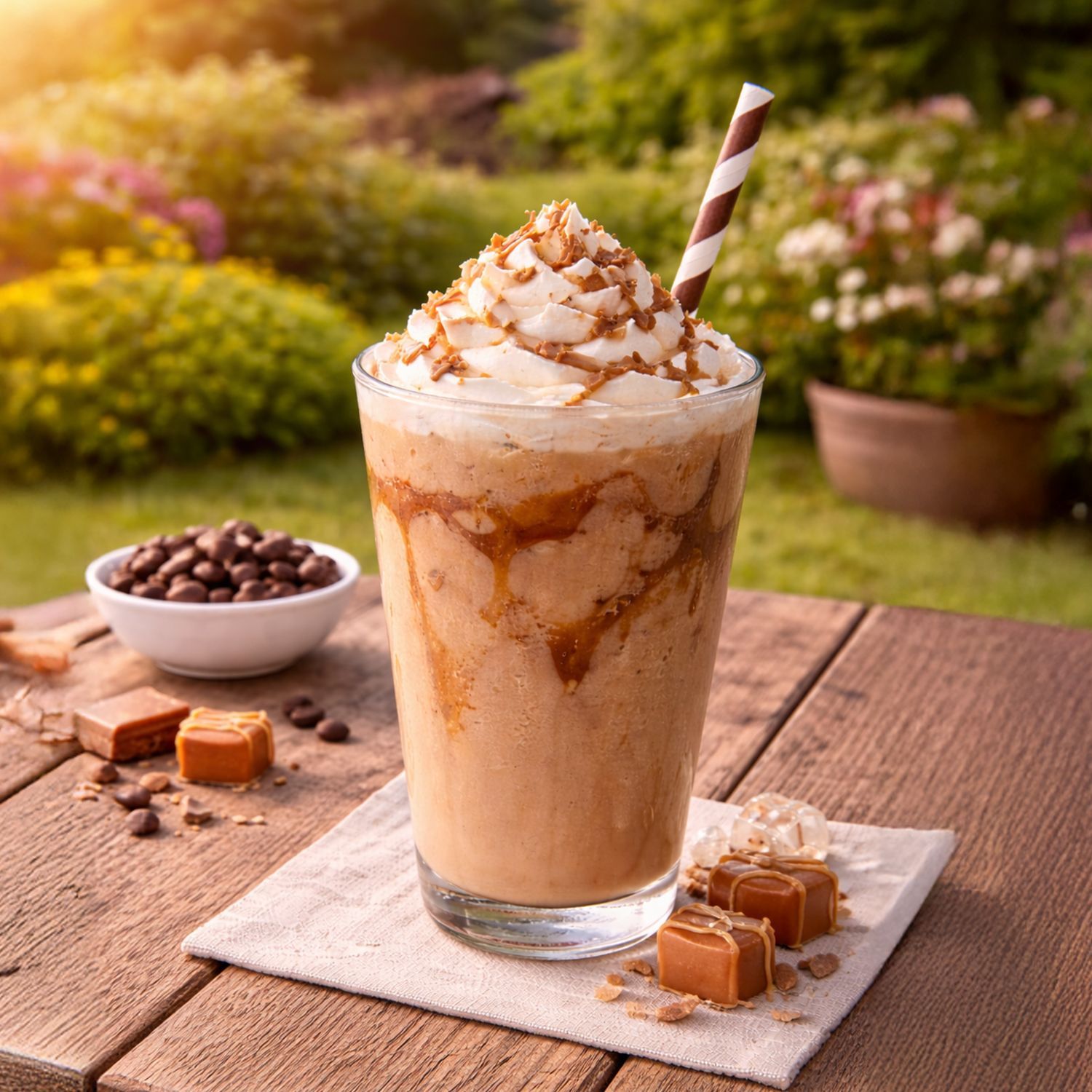 Glas mit Frappé, Sahnehaube, Karamellsauce und Strohhalm auf Holztisch mit Kaffeebohnen und Karamellstücken im Garten