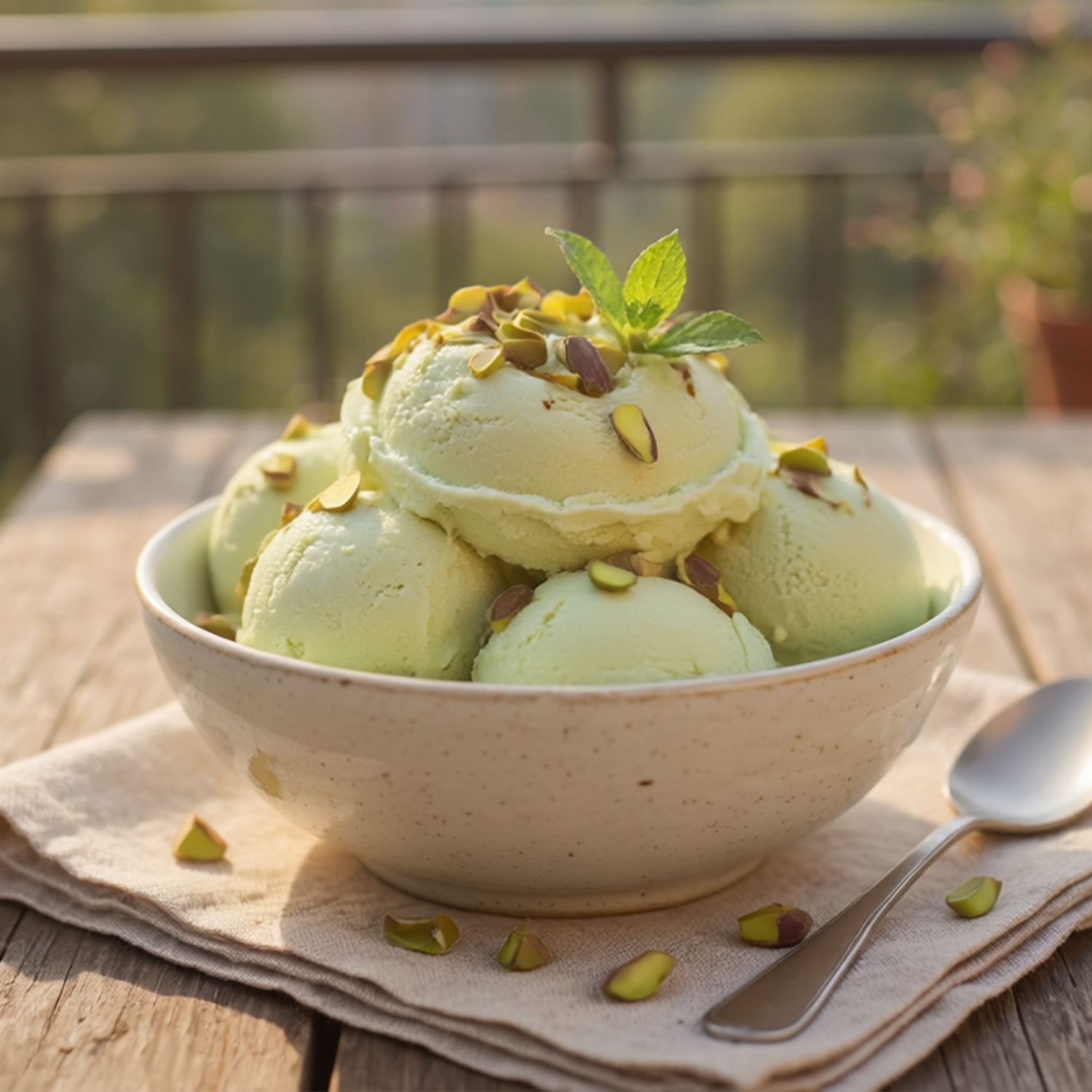 Schale mit mehreren Kugeln Pistazieneis, garniert mit Pistazienstückchen und Minzblatt, auf einem Leinentuch mit Löffel auf Holztisch