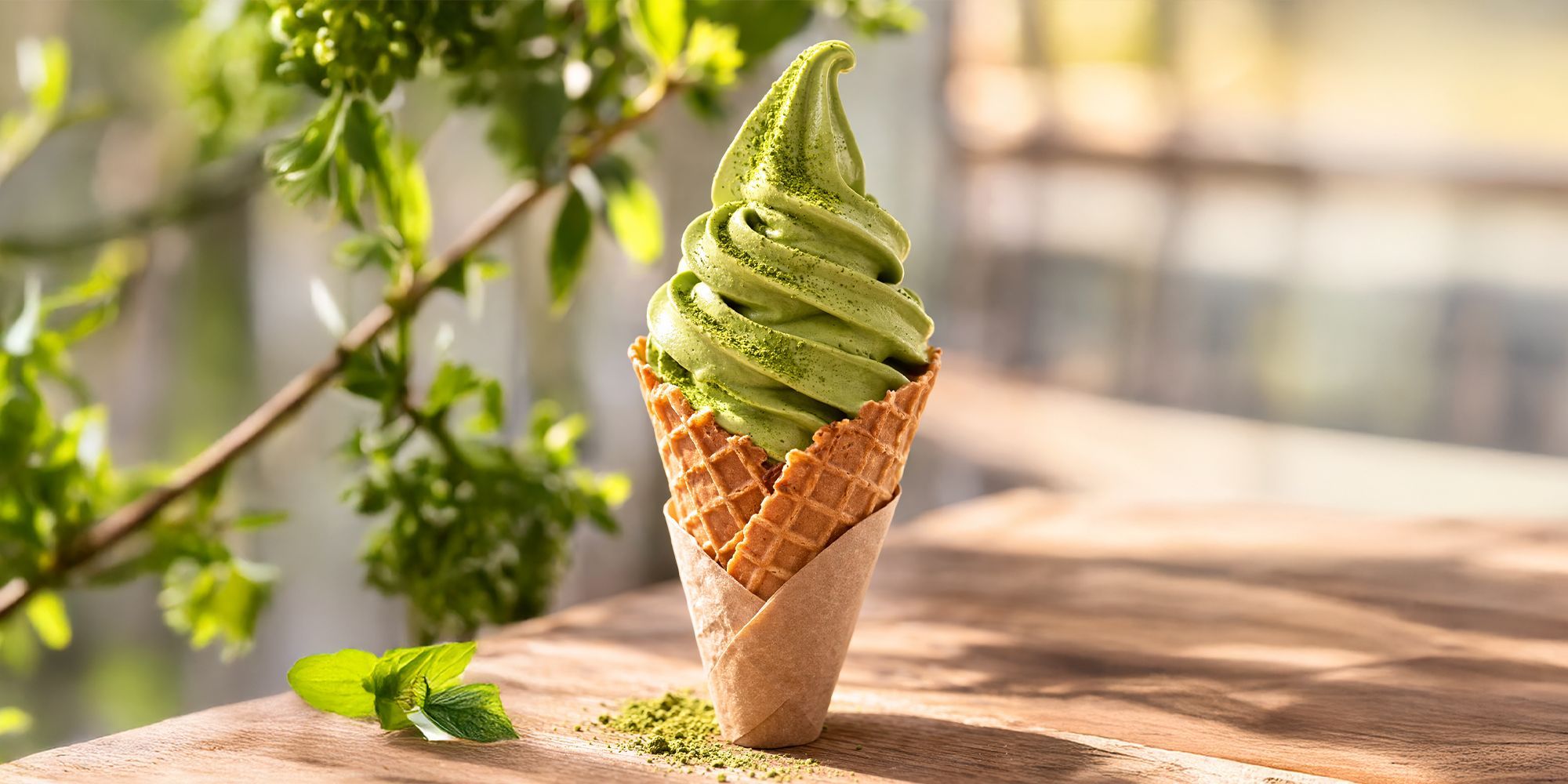 Grünes Matcha-Softeis in einer Waffel mit Papiermanschette auf einem Holztisch vor unscharfem Hintergrund mit grünen Blättern