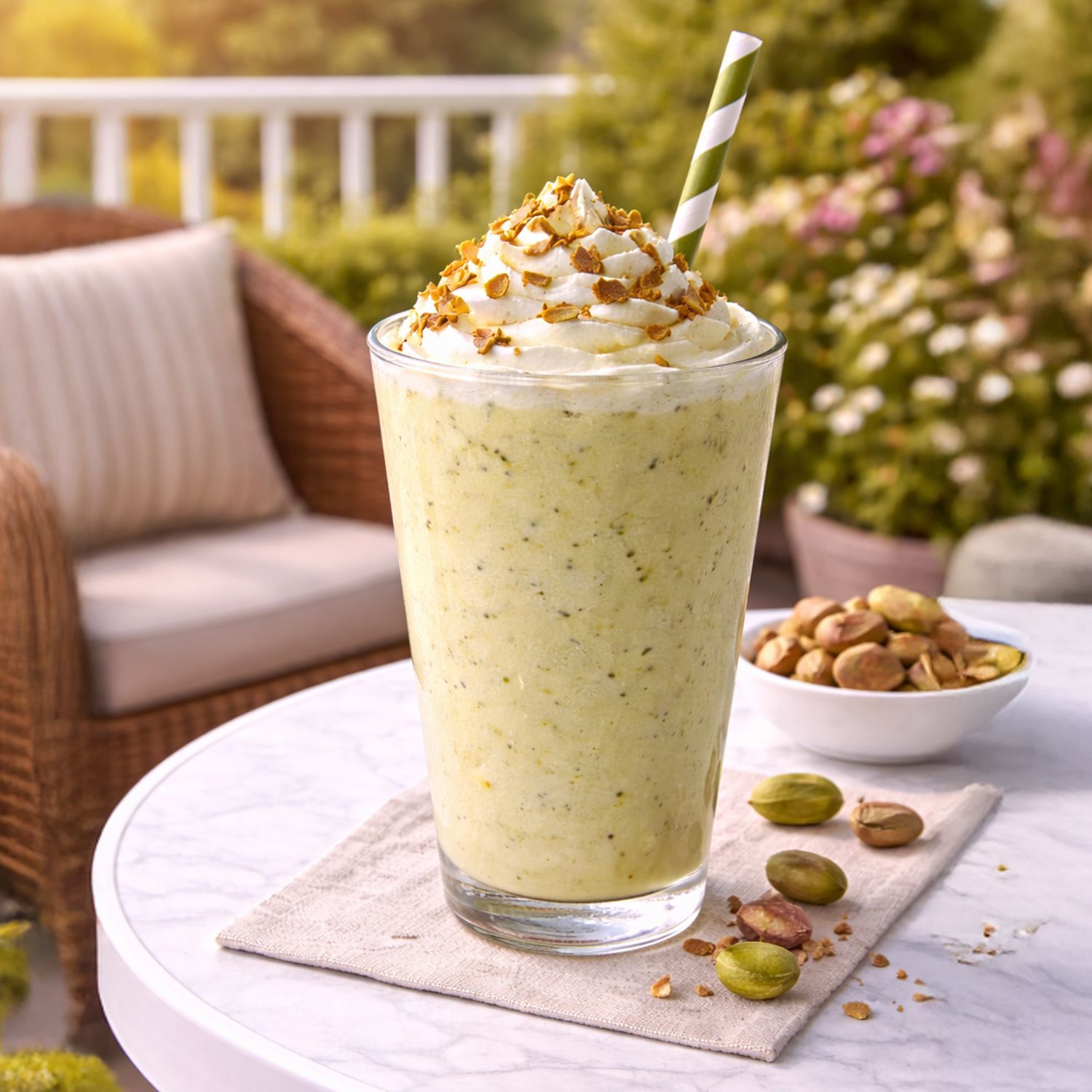Glas mit Pistazien-Milchshake mit Sahnehaube und Streuseln auf einem weißen Tisch vor Gartenmöbeln und Pflanzen