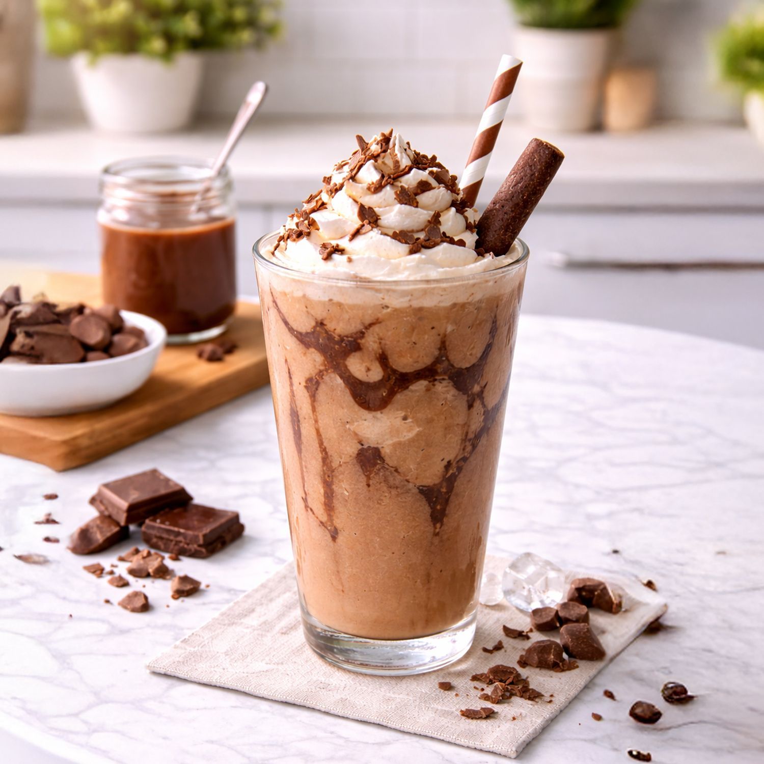 Milchshake mit Schlagsahne, Schokoladensoße, Trinkhalm und Schokorolle auf Marmorplatte mit Schokoladenstücken und Glas mit Schokoladensoße im Hintergrund