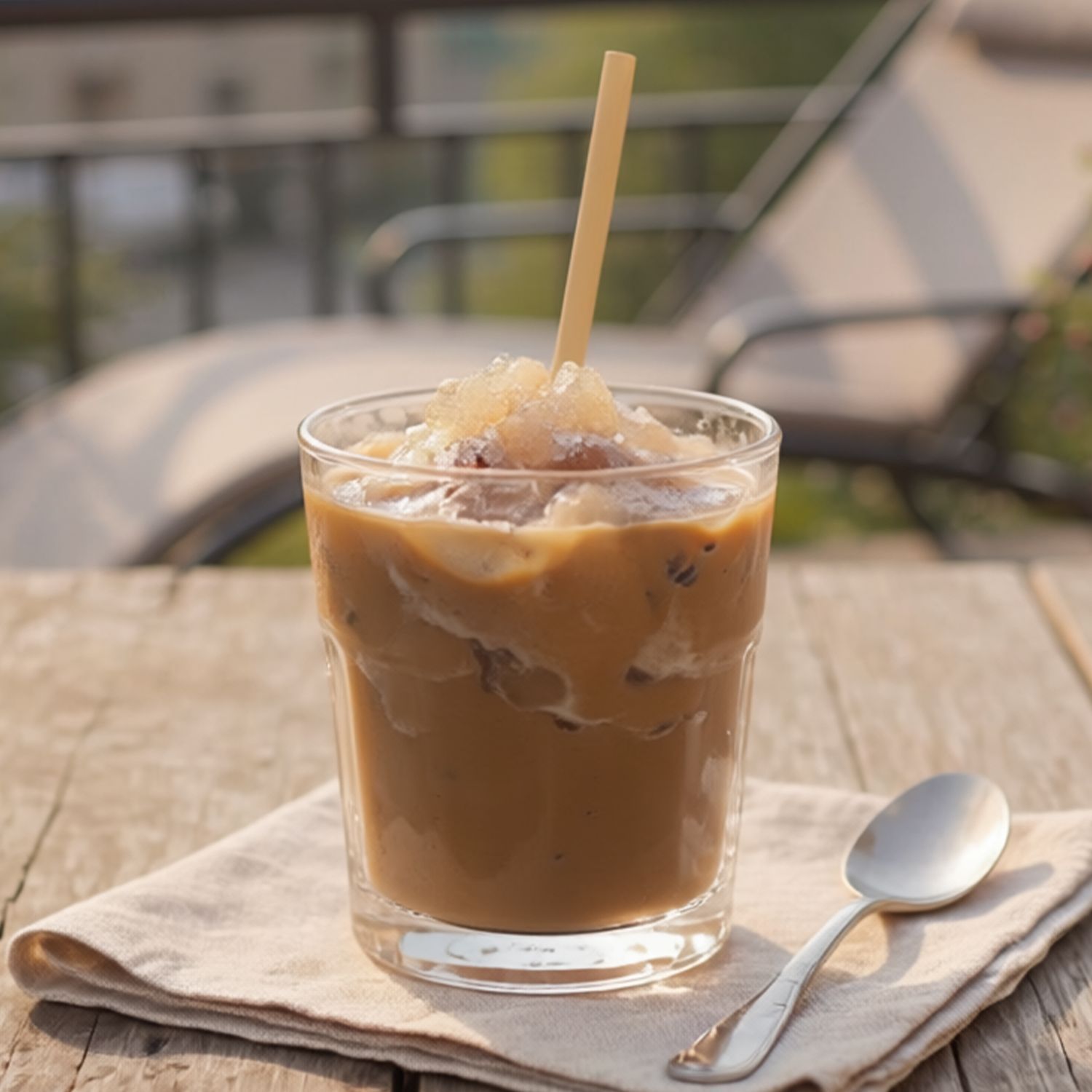 Glas mit Eiskaffee und Holzrührstab auf gefaltetem Stofftuch neben Löffel auf Holztisch im Freien