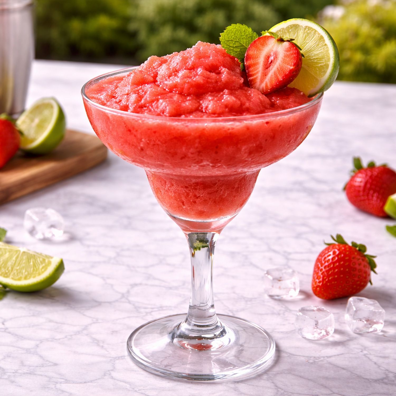 Cocktailglas mit gefrorenem Erdbeer-Drink garniert mit Limettenscheibe und frischen Erdbeeren sowie Limettenstücken auf Marmorplatte