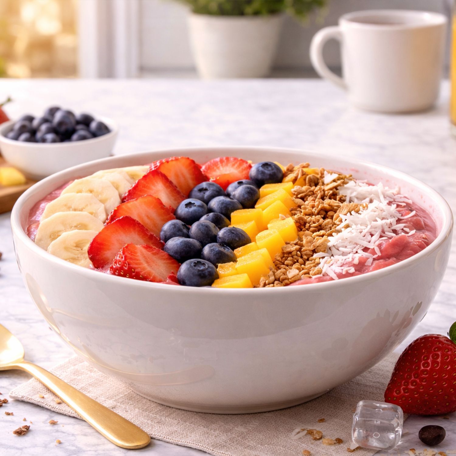 Schale mit Smoothie-Bowl, garniert mit Bananenscheiben, Erdbeeren, Heidelbeeren, Mangostücken, Granola und Kokosraspeln, daneben goldener Löffel und Erdbeere auf Marmoruntergrund