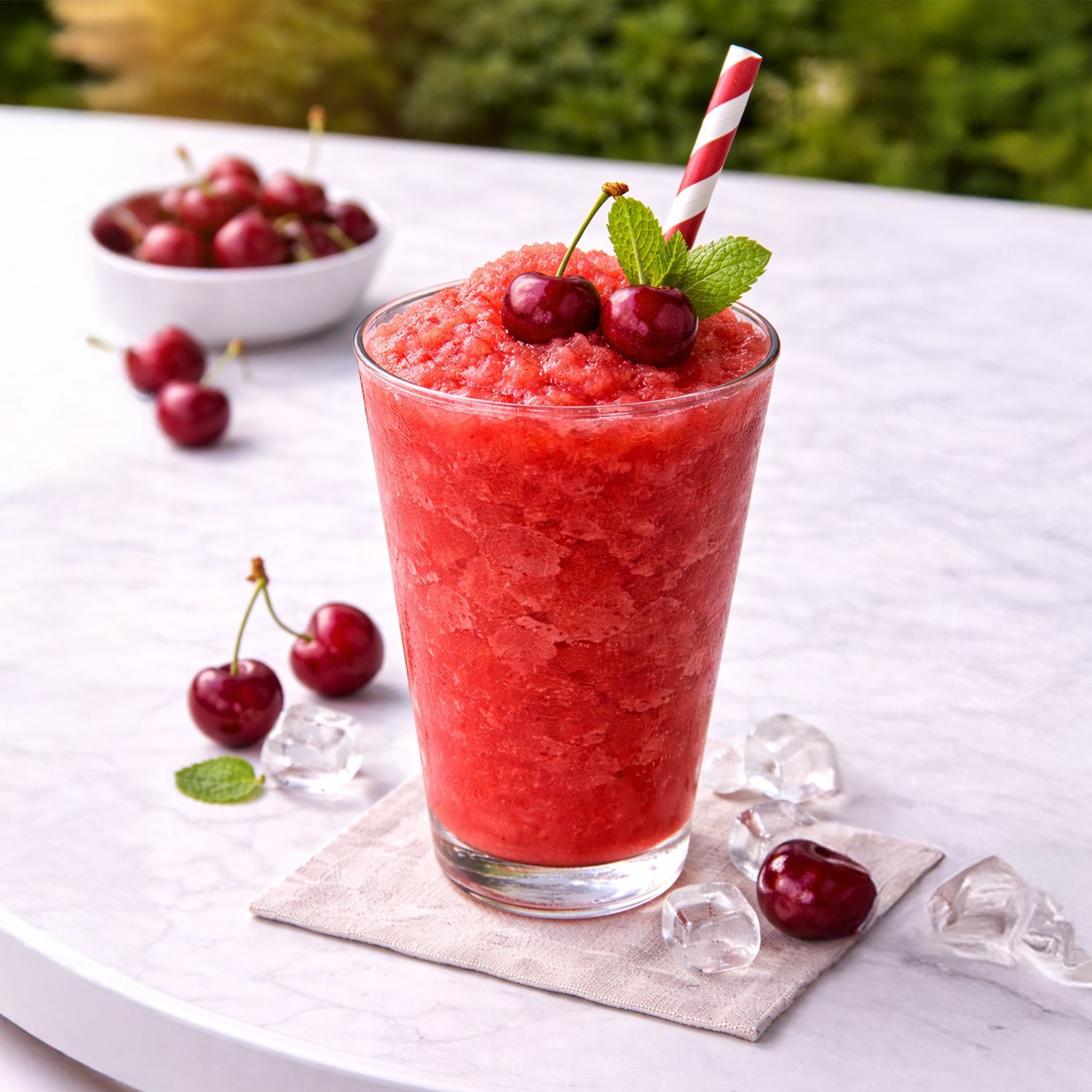Glas mit rotem Slush-Eis, garniert mit Kirschen, Minzblatt und gestreiftem Trinkhalm auf weißer Marmorplatte mit Eiswürfeln und Schale mit Kirschen im Hintergrund