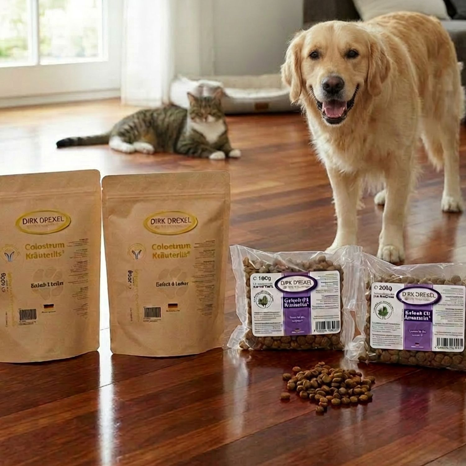 Kräuterlis Ausverkauf Ein stehender Golden Retriever vor zwei Packungen Hundefutter und zwei Packungen Katzenfutter auf Holzboden, im Hintergrund liegt eine Katze auf dem Boden.