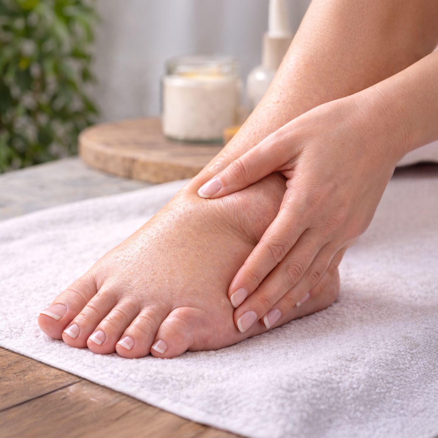 Hände massieren einen angeschwollenen Fuß auf einer weißen Unterlage mit unscharfem Hintergrund