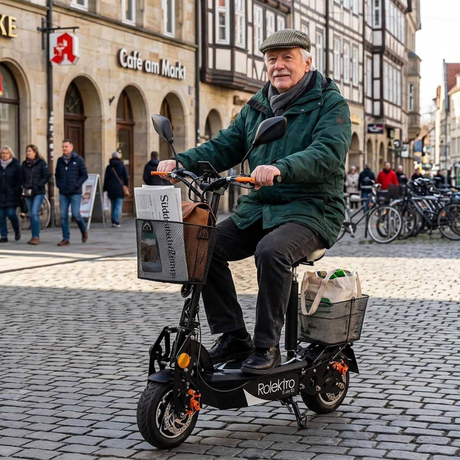 Person mit grünem Mantel fährt auf einem Elektroroller mit zwei Einkaufskörben auf Kopfsteinpflasterstraße in einer Stadt