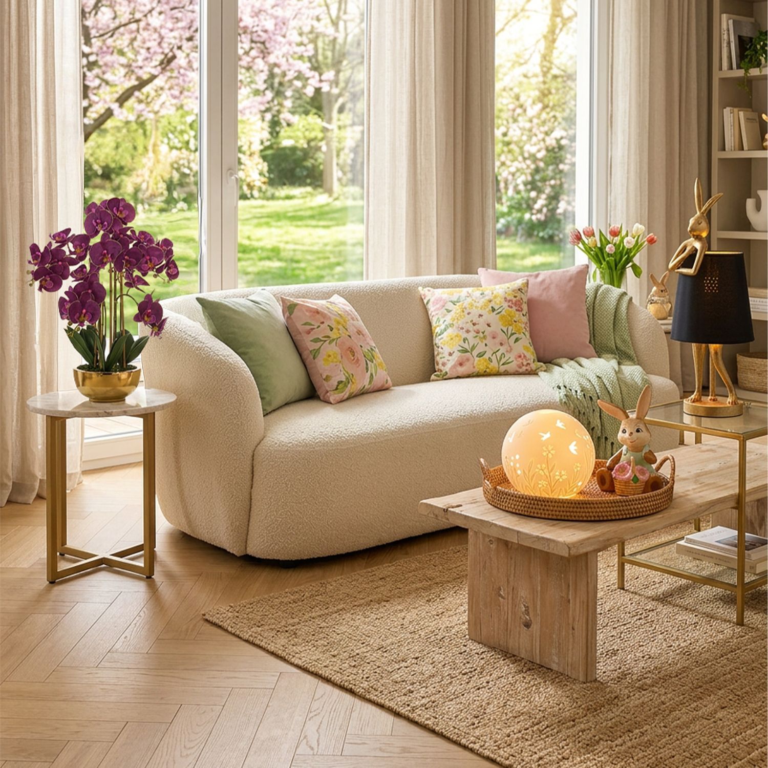 Gemütliches Wohnzimmer mit cremefarbenem Sofa, bunten Kissen, Holztisch mit Osterdeko und großem Fenster mit Blick in den Garten