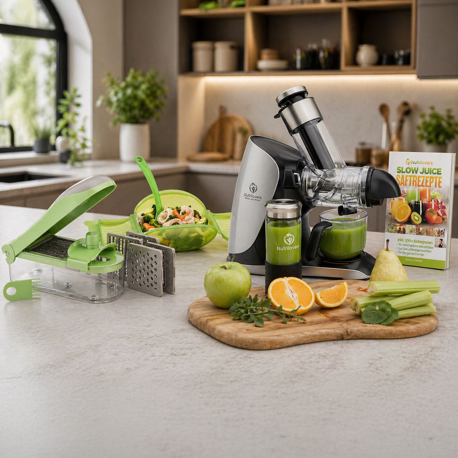 Von Dampfbox & Mixer bis zum Gemüseschneider: Entdecken Sie Helfer für eine magenschonende Ernährung. Küchenarbeitsplatte mit grünem Gemüseschneider, grünem Salat in Schüssel, weiß-schwarzem Slow-Juicer, grünem Smoothie im Glas, geschnittenem Obst und Gemüse sowie einem Rezeptbuch