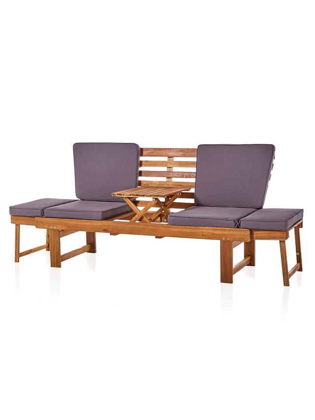 Produktbild von Gartenbank aus massiven Akazienholz, Sitzbank, Liege, Sitzmöbel mit Tisch, 3-in-1, 202 cm