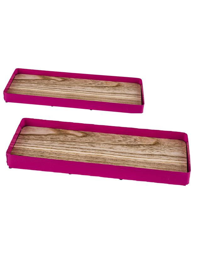 Produktbild von Deko-Tablett rechteckig in Holzoptik mit farbigem Rand, 2er-Set