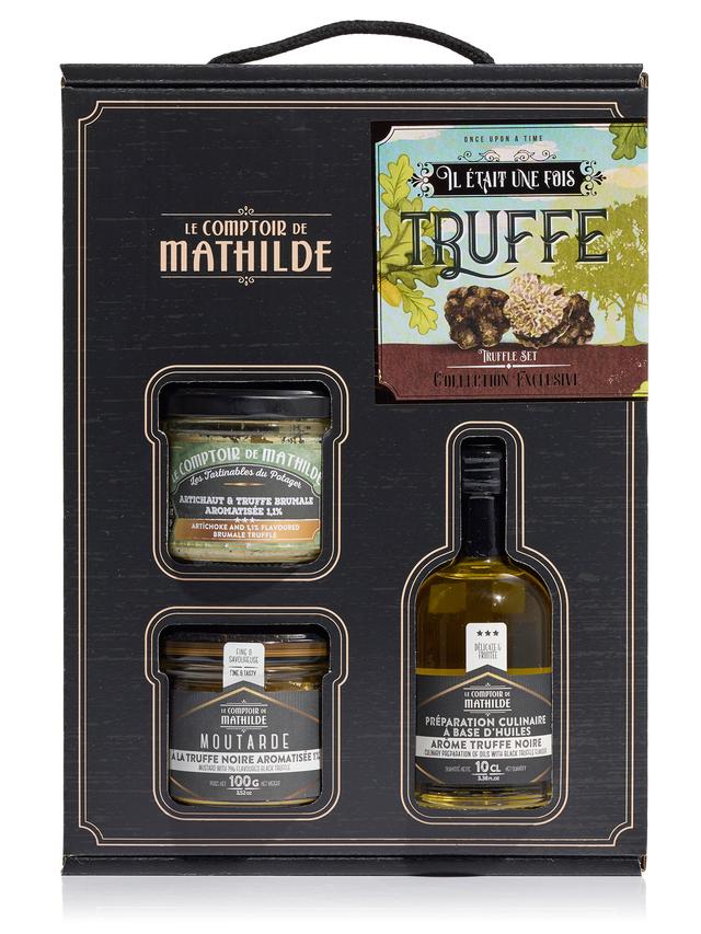 Produktbild von Le Comptoir de Mathilde Geschenkset "Es war einmal ein Trüffel" aus Öl mit schwarzem Trüffelaroma, Artischockecreme und Senf, 3-teilig
