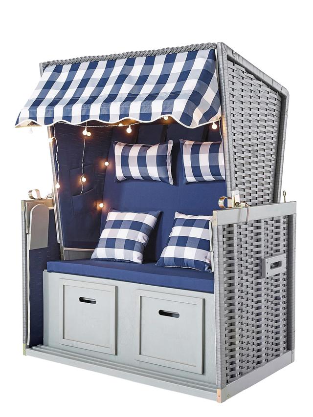 Produktbild von Strandkorb im maritimen Design, LED Beleuchtung, verstellbare Rückenlehne, ausziehbare Fußstütze, inkl. Zier- u. Nackenkissen