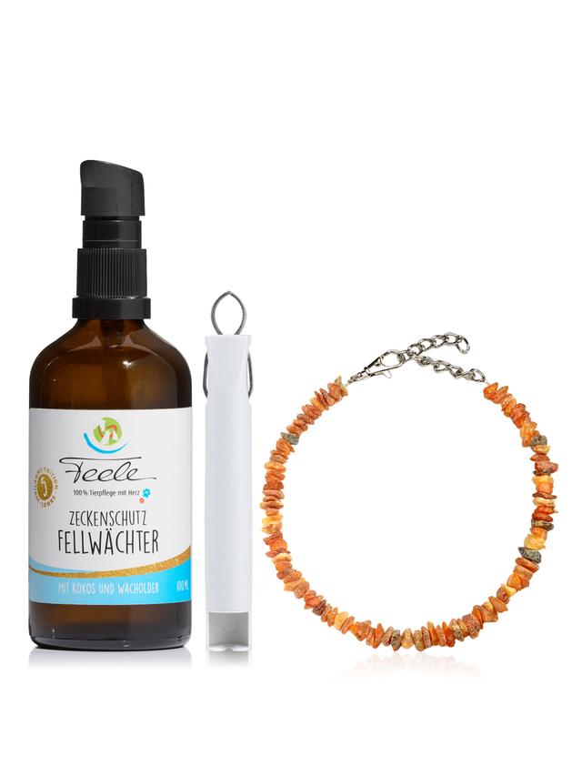 Produktbild von Zeckenschutz Set für kleine Hunde & Katzen aus Zeckenzange- und Spray & Bernsteinkette, 3-teilig