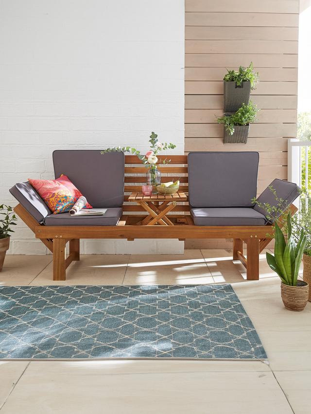 Produktbild von Gartenbank aus massiven Akazienholz, Sitzbank, Liege, Sitzmöbel mit Tisch, 3-in-1, 202 cm