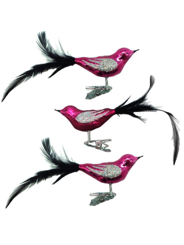 Produktbild von Glasvögel für Christbaumschmuck, mit Clip, mundgeblasen, handdekoriert, 8 cm, 3er-Set
