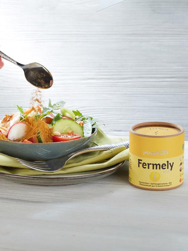 Produktbild von louie's grünepflaume Bio-Pulver "Fermely Gelb" auf Basis fermentiertem & gefriergetrocknetem Kürbis, 70 g