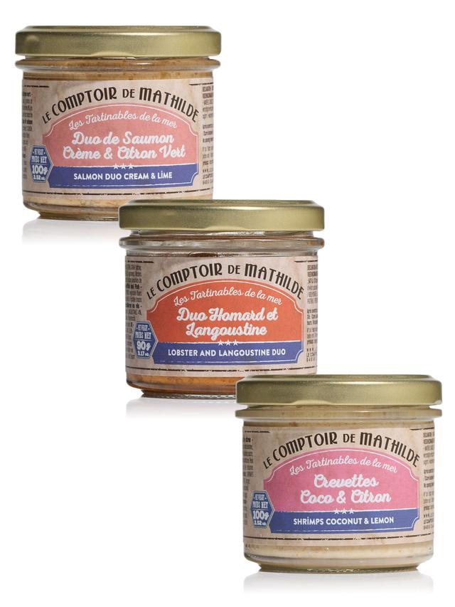 Produktbild von Le Comptoir de Mathilde Geschenkset "3 Brotaufstriche aus dem Meer" mit Lachscreme, Garnelencreme und Hummer-/Kaisergranatcreme, 3-teilig