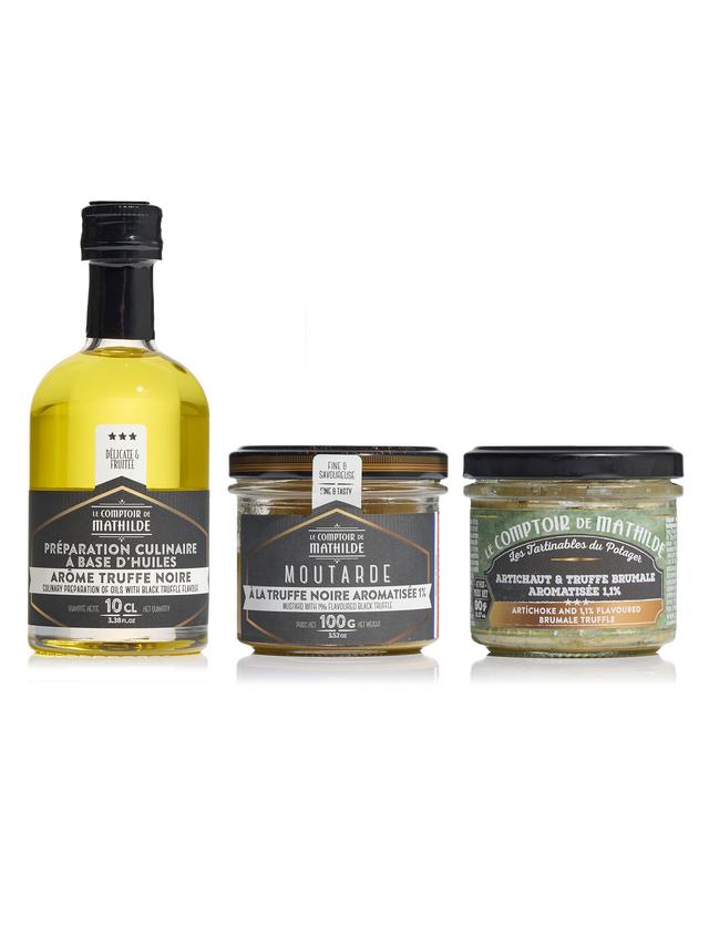 Produktbild von Le Comptoir de Mathilde Geschenkset "Es war einmal ein Trüffel" aus Öl mit schwarzem Trüffelaroma, Artischockecreme und Senf, 3-teilig