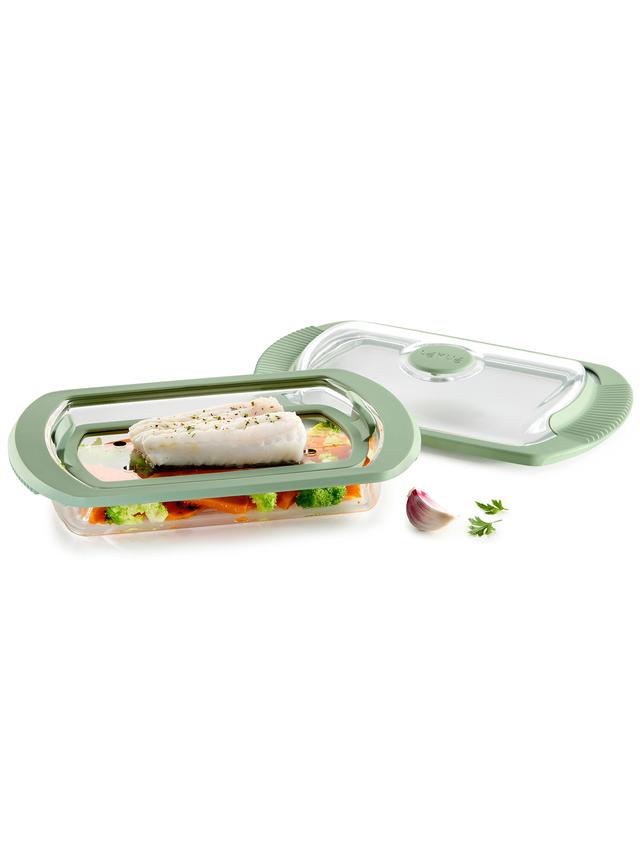 Produktbild von Dampfbox aus Glas mit Deckel und Dampfventil, Mikrowelle und Backofen, schonendes Garen, 2 Portionen, 0,75 l