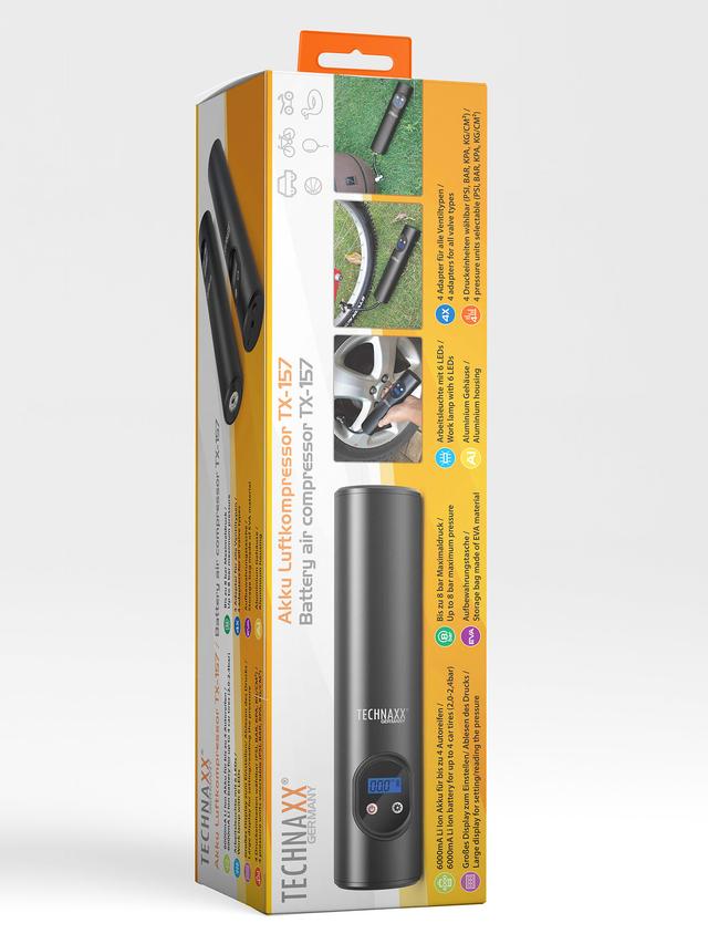 Produktbild von Technaxx Akku-Luftkompressor kompakt, bis zu 4 Autoreifen mit einer Ladung