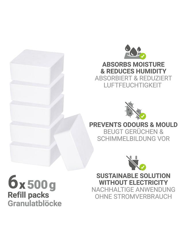 Produktbild von Raumentfeuchter "Cube" Nachfüllpackung, für bis 40 qm2, rechteckig, gegen Feuchtigkeit und Gerüche, 6er-Set, 3000 g